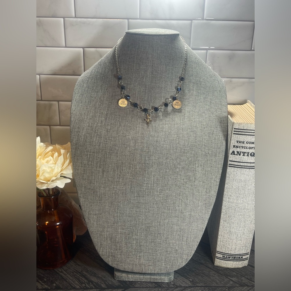 Vintage Black Bead Rosary-Style Necklace with Cross & Saint Jean Medals